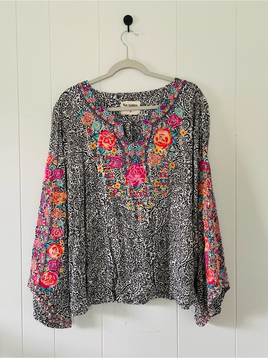 Savanna Jane Tops - Savanna Jane Black & White Paisley Tunic with Bright Floral Embroidery